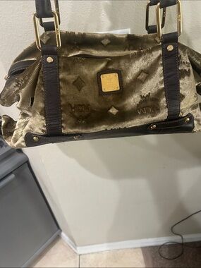 MCM Olive Green Velvet & Brown Leather Shoulder Bag with Gold Hardware